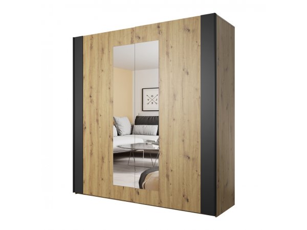 Šatní skříň SIGMA s posuvnými dveřmi a se zrcadly dub artisan/černý supermat