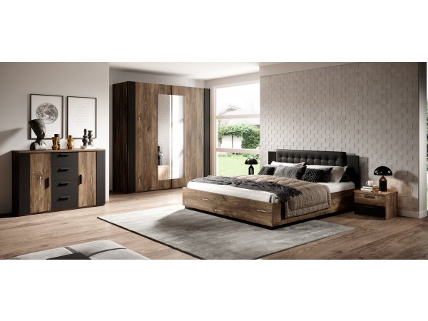Postel s úložným prostorem a čalouněným čelem SIGMA dub flagstaff se stříbrným ornamentem 160x200