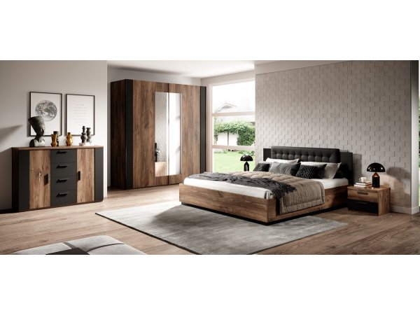 Postel s úložným prostorem SIGMA, dub flagstaff stříbrné vlákno / černý supermat, 180 × 200 cm