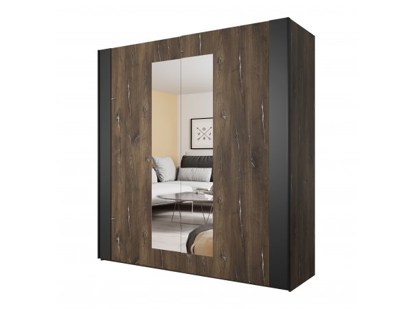 Šatní skříň SIGMA s posuvnými dveřmi a se zrcadly dub flagstaff se stříbrným ornamentem