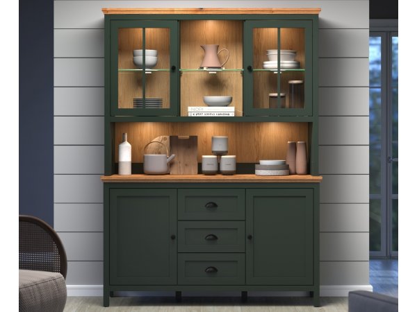 Nábytek do obývacího pokoje včetně LED osvětlení STANTON tmavě zelená/dub Evoke