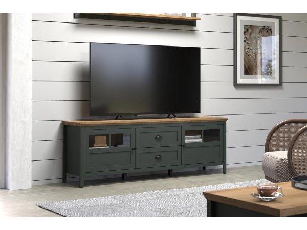Televizní stolek včetně LED osvětlení STANTON (typ 220932204) tmavě zelená/dub Evoke