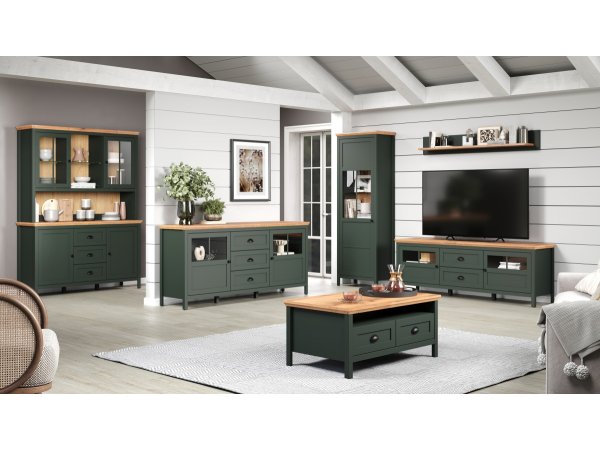 Televizní stolek včetně LED osvětlení STANTON (typ 220932204) tmavě zelená/dub Evoke