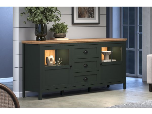 Komoda do obývacího pokoje včetně LED osvětlení STANTON (typ 220987004) tmavě zelená/dub Evoke