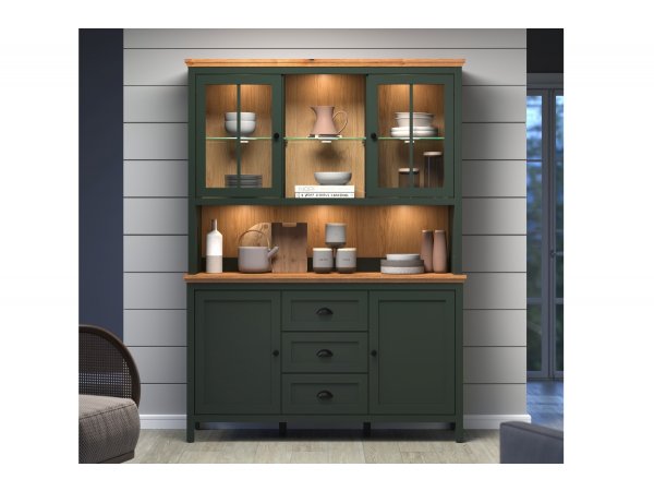 Nábytek do obývacího pokoje včetně LED osvětlení STANTON tmavě zelená/dub Evoke