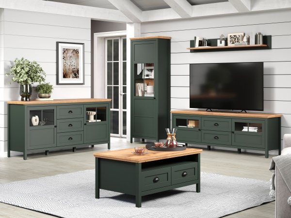 Televizní stolek včetně LED osvětlení STANTON (typ 220932204) tmavě zelená/dub Evoke