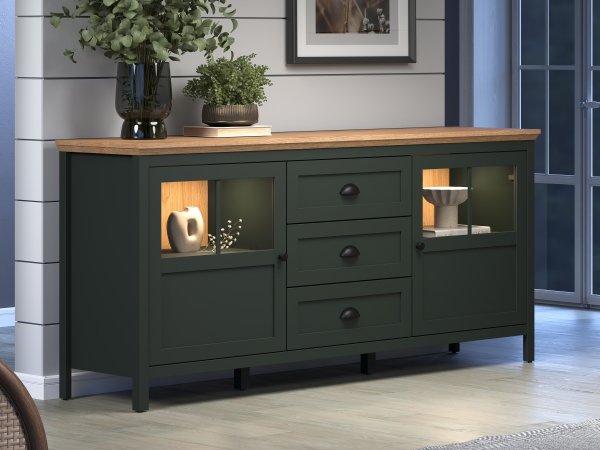 Komoda do obývacího pokoje včetně LED osvětlení STANTON (typ 220987004) tmavě zelená/dub Evoke