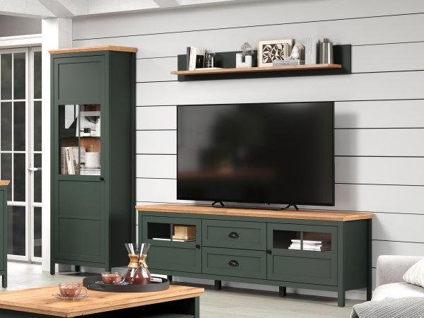 Televizní stolek včetně LED osvětlení STANTON (typ 220932204) tmavě zelená/dub Evoke