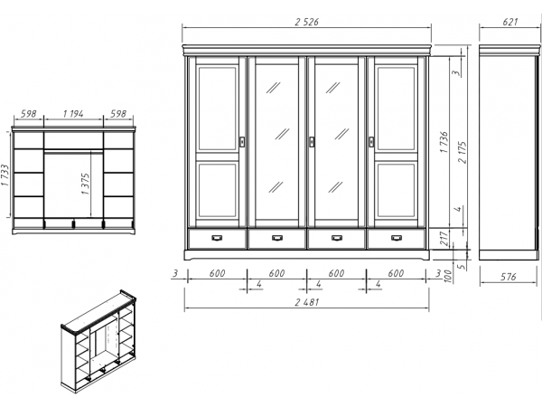Skříň KANIA 4-dvéřová se zrcadlem borovice