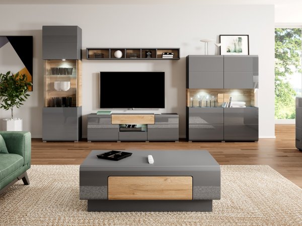 Vysoká vitrína TOLEDO dub Grandson/šedý lesk