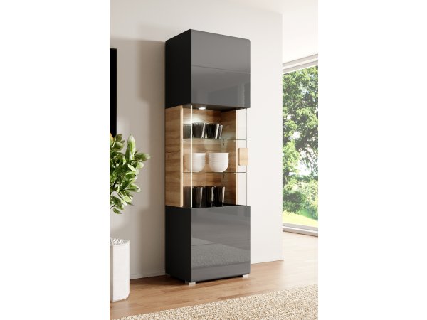 Vysoká vitrína TOLEDO dub Grandson/šedý lesk