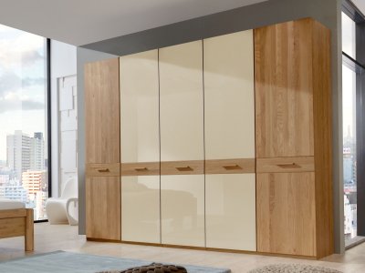 Šatní skříň TOLEDO se sklem magnolie, 5-dveřová – 250 cm, dub (částečný masiv)