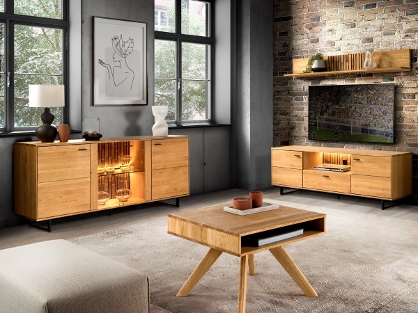 Dubová komoda s vitrínou včetně osvětlení TRAMONTO typ 49