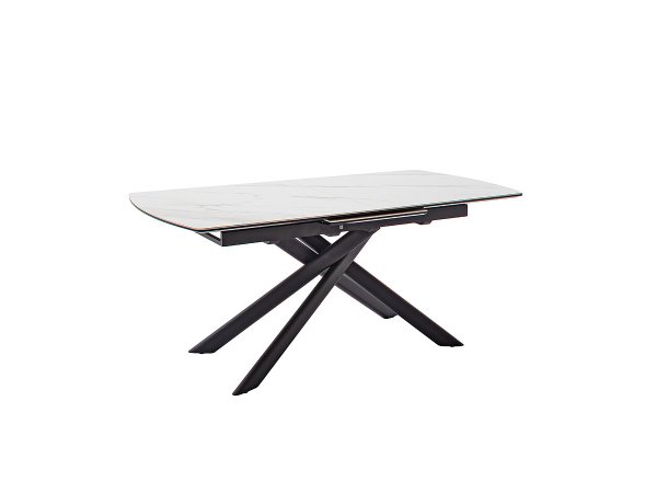 Rozkládací jídelní stůl VANINO keramika bílý mramor, podnož černá matná 180(230)x76x90