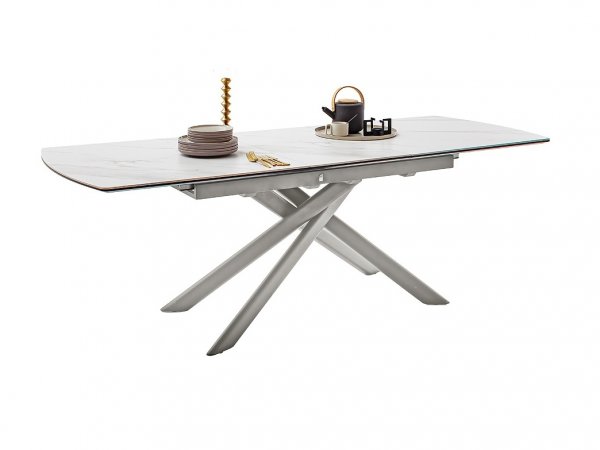 Rozkládací jídelní stůl VANINO keramika bílý mramor, podnož broušená nerezová ocel 180(230)x76x90