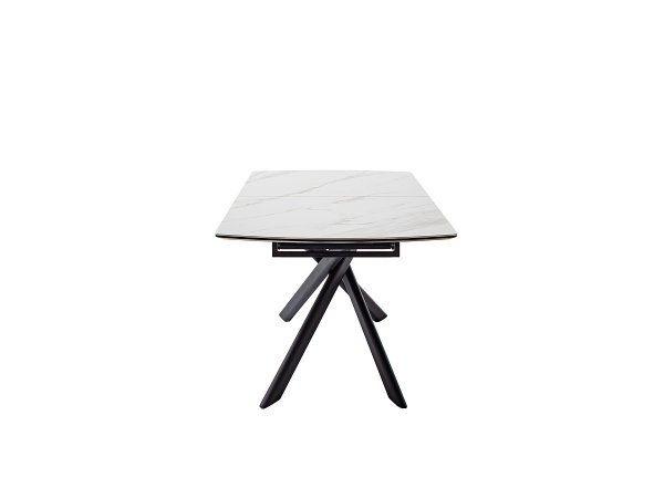 Rozkládací jídelní stůl VANINO keramika bílý mramor, podnož černá matná 180(230)x76x90