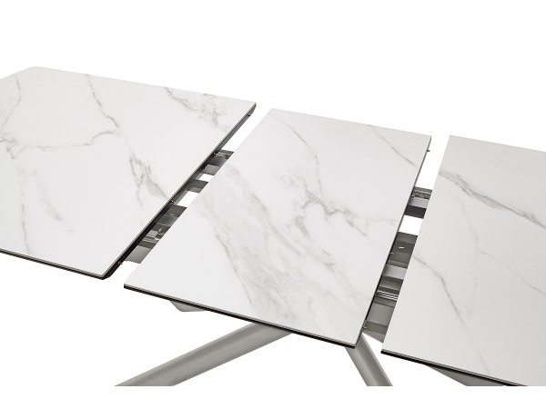 Rozkládací jídelní stůl VANINO keramika bílý mramor, podnož broušená nerezová ocel 180(230)x76x90