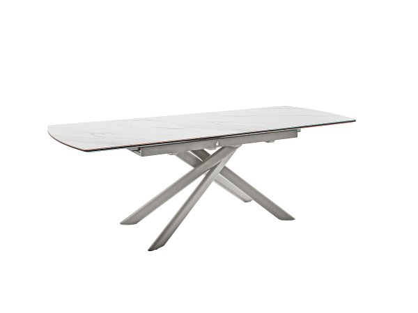 Rozkládací jídelní stůl VANINO keramika bílý mramor, podnož broušená nerezová ocel 180(230)x76x90