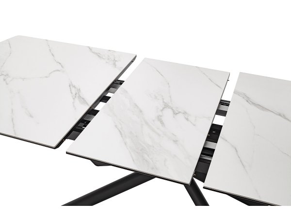 Rozkládací jídelní stůl VANINO keramika bílý mramor, podnož černá matná 180(230)x76x90