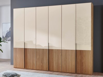 Šatní skříň s křídlovými dveřmi VALETTA, částečný masiv dub bianco / sklo champagner – 300 cm