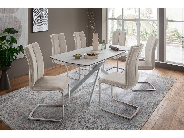 Rozkládací jídelní stůl VANINO keramika bílý mramor, podnož broušená nerezová ocel 180(230)x76x90