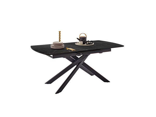 Rozkládací jídelní stůl VANINO keramika černý mramor, podnož černá matná 180(230)x76x90