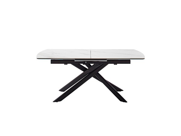 Rozkládací jídelní stůl VANINO keramika bílý mramor, podnož černá matná 180(230)x76x90