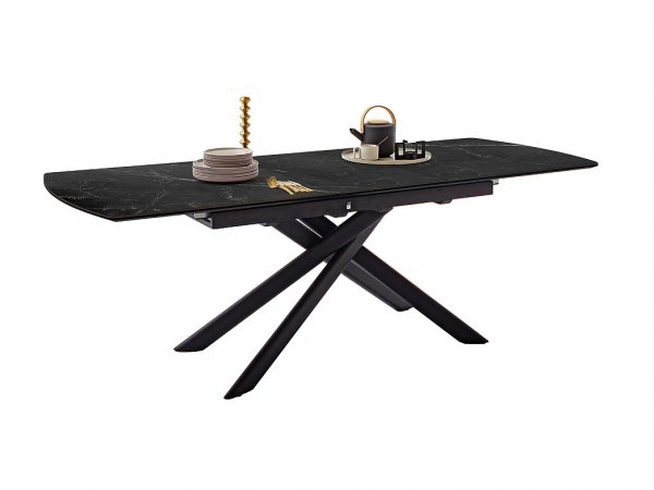 Rozkládací jídelní stůl VANINO keramika černý mramor, podnož černá matná 180(230)x76x90