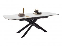 Rozkládací jídelní stůl VANINO keramika bílý mramor, podnož černá matná 180(230)x76x90