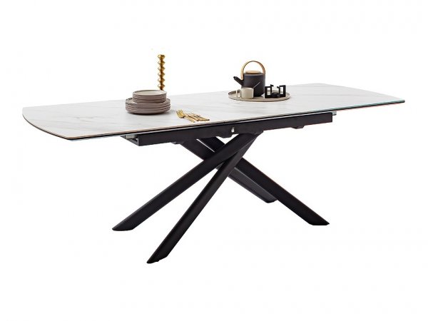 Rozkládací jídelní stůl VANINO keramika bílý mramor, podnož černá matná 180(230)x76x90