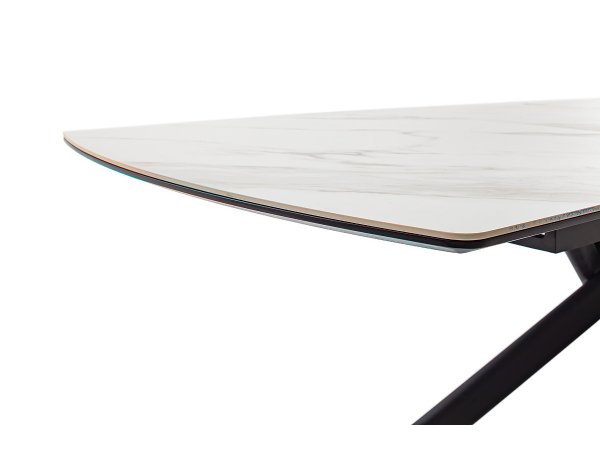Rozkládací jídelní stůl VANINO keramika bílý mramor, podnož černá matná 180(230)x76x90