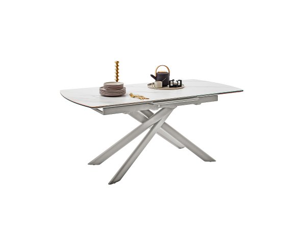 Rozkládací jídelní stůl VANINO keramika bílý mramor, podnož broušená nerezová ocel 180(230)x76x90