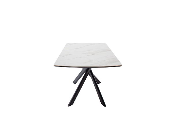 Rozkládací jídelní stůl VANINO keramika bílý mramor, podnož černá matná 180(230)x76x90