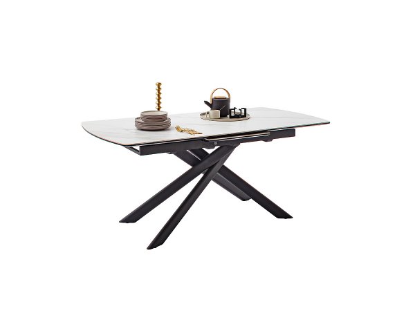 Rozkládací jídelní stůl VANINO keramika bílý mramor, podnož černá matná 180(230)x76x90