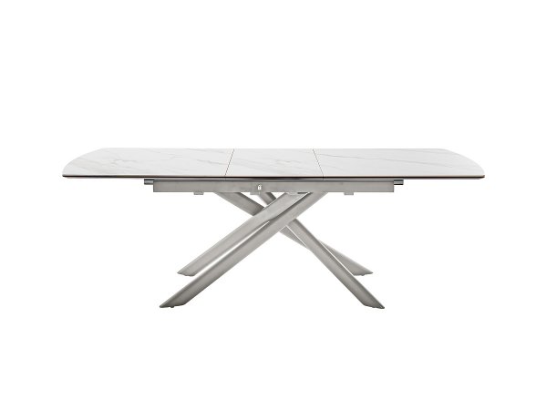 Rozkládací jídelní stůl VANINO keramika bílý mramor, podnož broušená nerezová ocel 180(230)x76x90