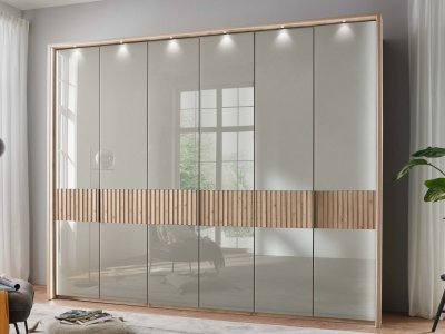 Šatní skříň s křídlovými dveřmi a rámem VENTURA, sklo kieselgrau / dub bianco– 300 cm