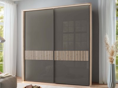 Šatní skříň s posuvnými dveřmi a rámem VENTURA, sklo havanna / dub bianco – 200 cm