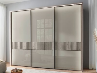 Šatní skříň s posuvnými dveřmi a rámem VENTURA, sklo kieselgrau / dub nordic – 310 cm
