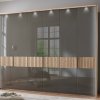 Šatní skříň s křídlovými dveřmi a rámem VENTURA, sklo havanna / dub bianco – 300 cm