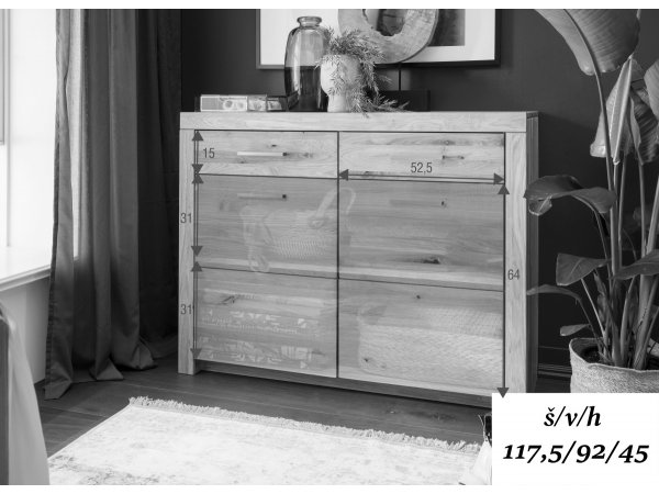 Dubová komoda I do obývacího pokoje LOMMA (černé úchyty)