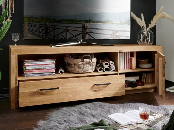 Dubový televizní stolek II do obývacího pokoje LOMMA (černé úchyty)