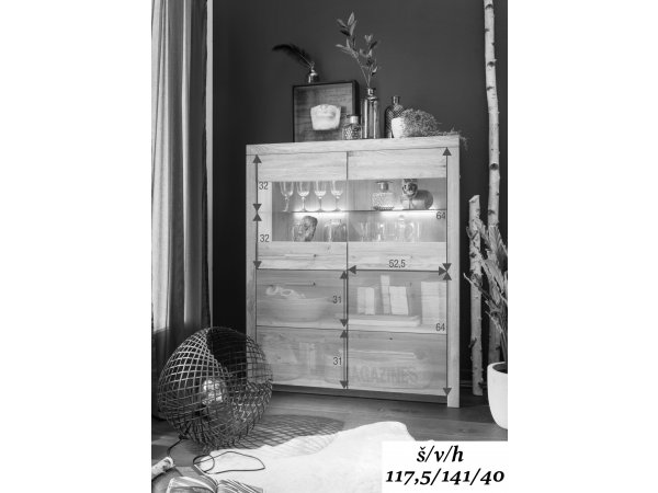 Dubová komoda s vitrínou I do obývacího pokoje LOMMA