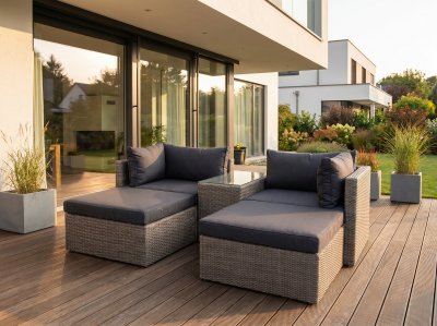 Zahradní lounge set Rossi, Kubu šedý polyratan, 190×158×65 cm – House Nordic